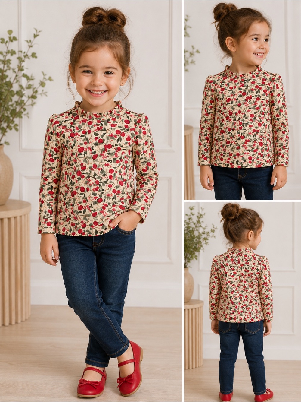Girls' Cream Floral Long-Sleeve Ruffle Neck Top